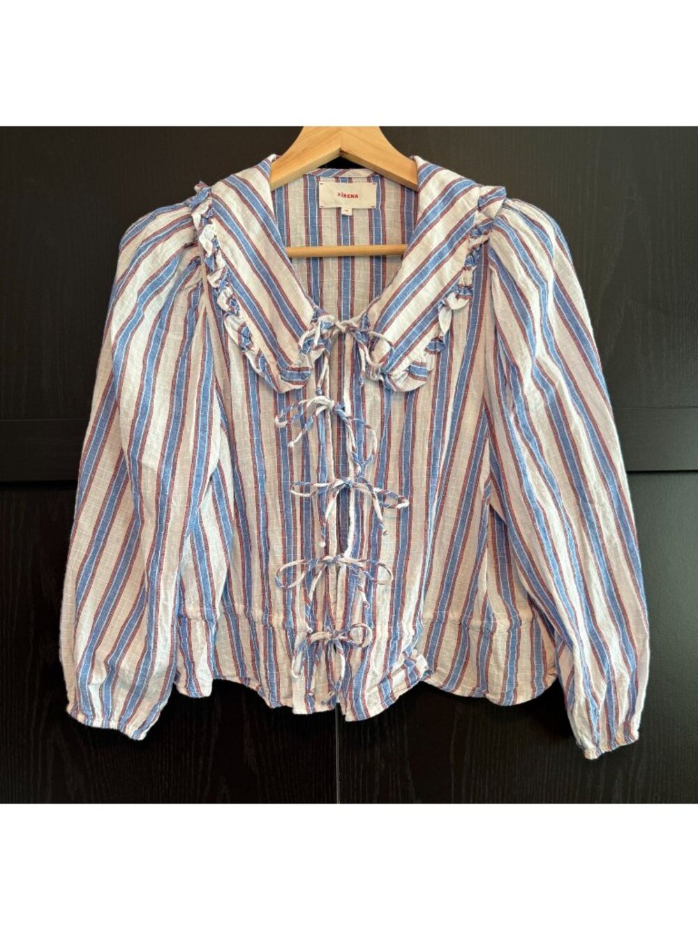 Xirena Women's Lulu Striped Tie Front Ruffle Collar Puff Sleeve Cotton Blouse XS